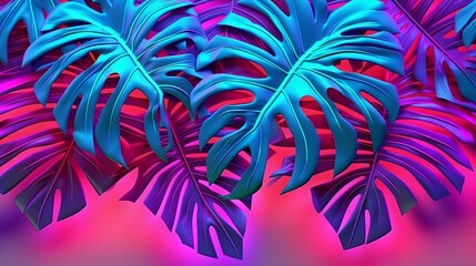 Palm neon blue red leaves, green tropical pattern, leaves in tropical forest. Generative ai