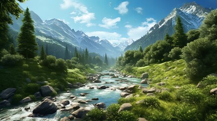 A serene mountain stream flowing through a lush forest landscape. Generative ai