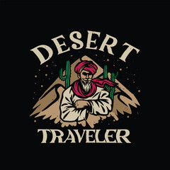 Vector hand drawn illustration of a desert explorer for streetwear