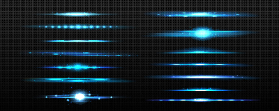 Horizontal blue sparkle light glow line divider vector. Transparent flare beam effect with neon laser explosion. Isolated bright speed energy motion shiny overlay with glitter and blur collection.