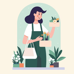 Happy woman holding a pot of flowers at flowers shop, metaphor relaxation, holiday hobby concept.