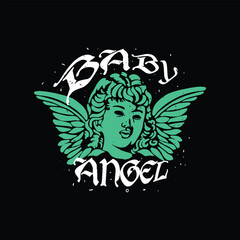 Angel head with wings. Vector illustration for t-shirt print.