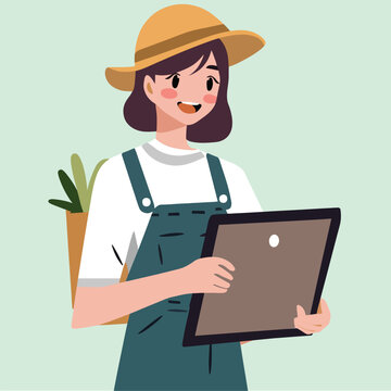 Young happy woman smiling while holding a tablet and carrying vegetable bags metaphor farmer and smart farm or data analysis concept.