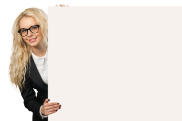 Two businesswomen holding blank sign board isolated on white