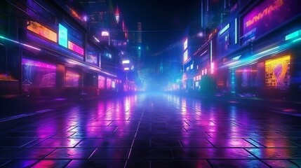 A vibrant city street with colorful neon lights illuminating the night. Generative ai
