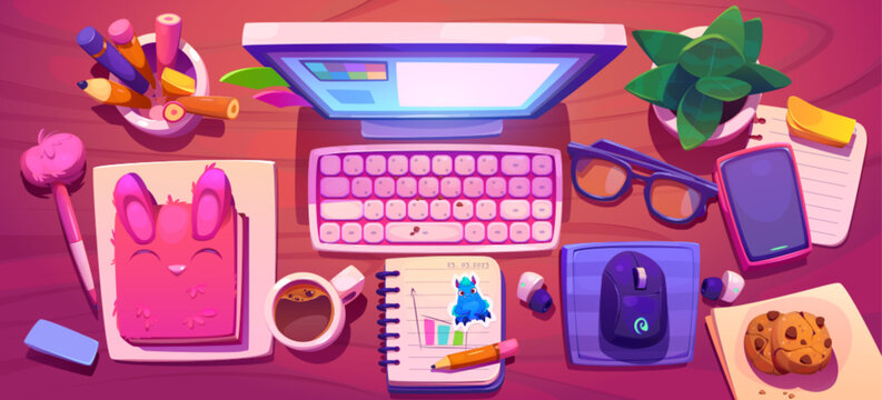 Teen girls workplace top view. Vector cartoon illustration of pink desk with computer keyboard, mouse, fluffy notebook, eyeglasses, coffee and cookies, green plant. Freelance designers work space