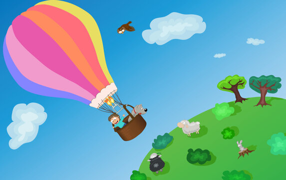 Little boy with his dog, flying on colorful baloon