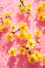 Colorful yellow spring flowers floating in pink water with waves. Generated AI.