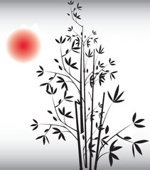 Black bamboo vector. Art traditional. Chinese background with red sun.