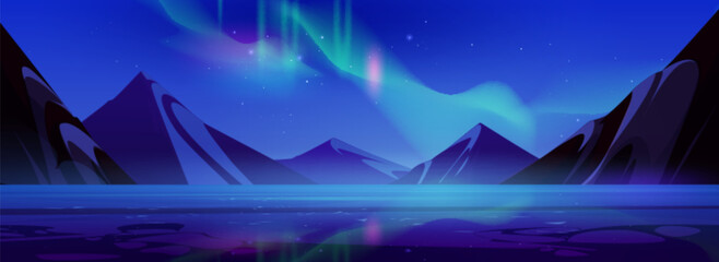 Aurora light in sky mountain sea view background. Night northern vector landscape illustration with abstract borealis gradient scenery for game. Dark north polar adventure scene with lake under boreal