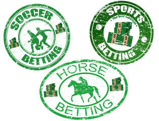 Grunge rubber stamps with horse, soccer and sports betting text written inside the stamps, vector illustration