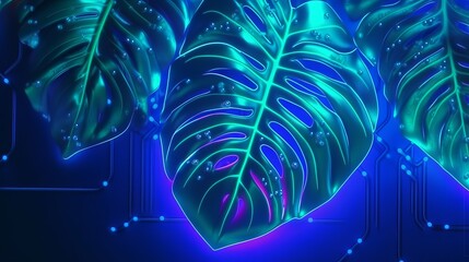 Green leaves on a blue background. Generative ai