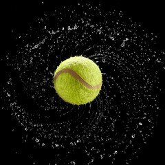 Tennis ball spinning fast splashing water drops in a circle on black background.