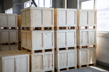 Wooden boxes in the warehouse. Warehousing