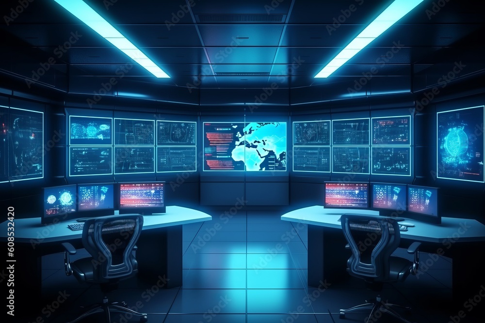 Poster spacious and modern security control room with multiple displays and data center workstations, gener