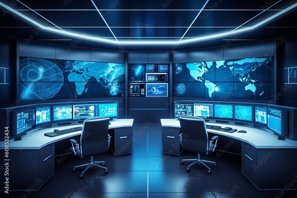 Aufkleber spacious and modern security control room with multiple displays and data center workstations, gener