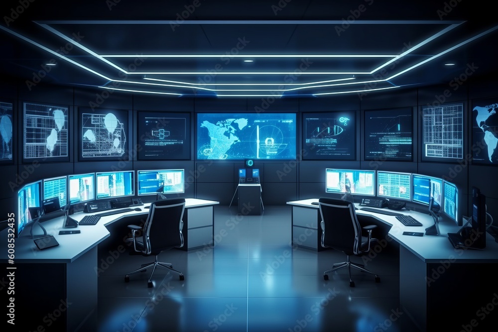 Poster spacious and modern security control room with multiple displays and data center workstations, gener