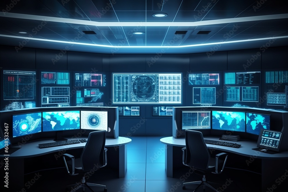 Aufkleber spacious and modern security control room with multiple displays and data center workstations, gener