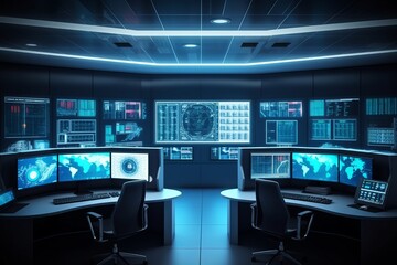 Spacious and Modern Security Control Room with Multiple Displays and Data Center Workstations, Generative AI.