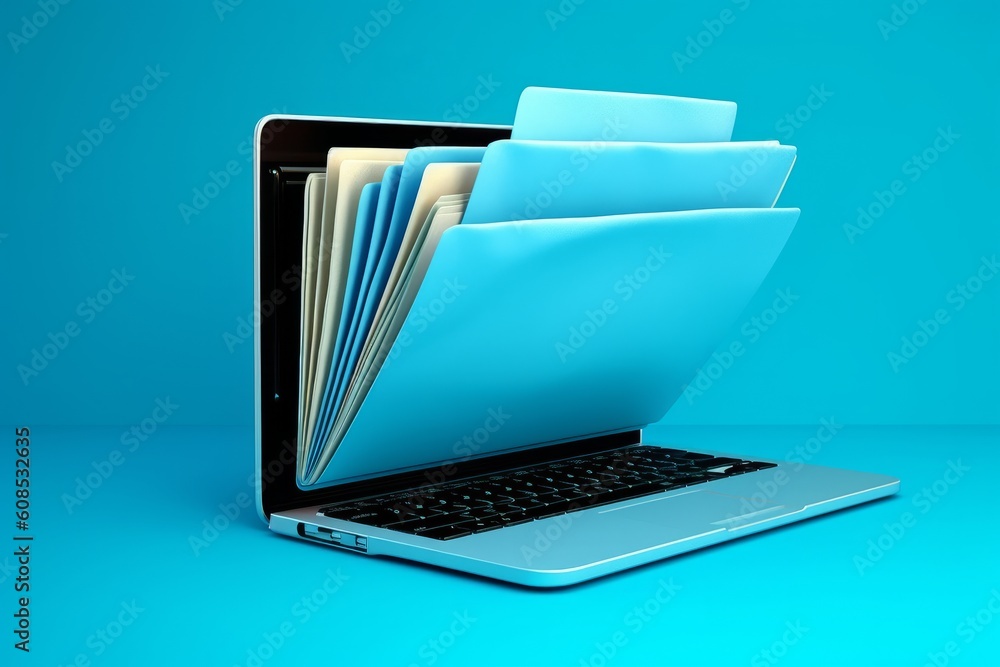 Poster blue background laptop screen featuring a file folder, generative ai.