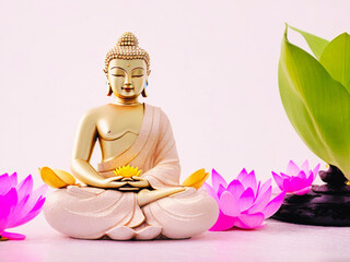 Buddha statue in meditation with lotus flower on light neutral background. Selective focus. Meditation, spiritual health, peace, searching zen concept. AI generated