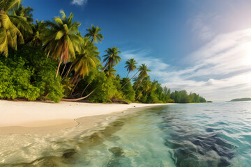 Beautiful tropical beach with palm trees panoramic