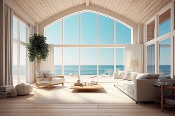 Spacious Summer Beach Home with Breathtaking Ocean View: An Empty Canvas for Your Dream Interior Design, Generative AI.