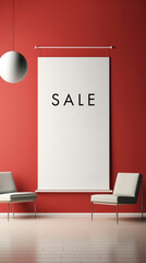 sale banner in a modern minimalist living space with interior design elements, vertical web banner, space for text, generative ai