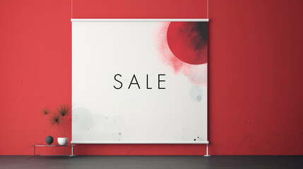 sale banner with abstract shapes in a modern minimalist living space with interior design elements, red background, web banner, space for text, generative ai