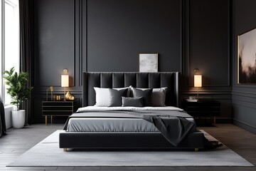 Opulent Spacious Bedroom with Dark Gray and Black Walls, Minimalist Design with a Blank Background, Generative AI.