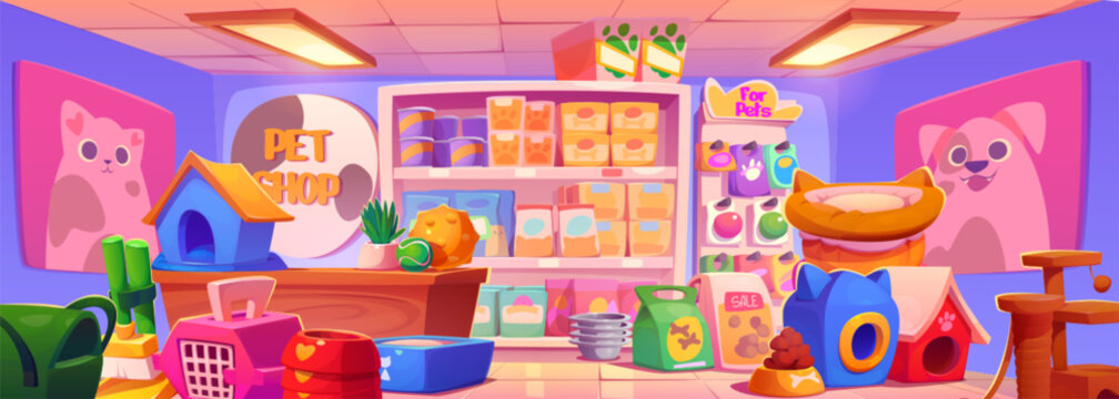 Cartoon pet shop interior with goods and furniture. Vector illustration of supermarket with cat and dog pictures on wall, animal house, cage, toy ball, poop container, canned and dry food on shelves