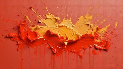 A red wall with yellow and red paint splattered on it. Generative ai
