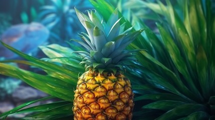 Fototapeta premium A ripe pineapple set against a bright blue background. Generative ai