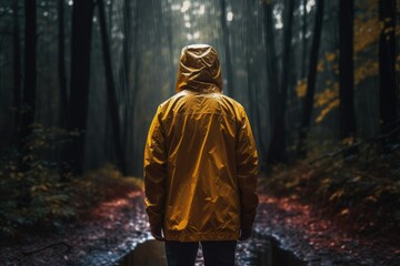 Back View of Hiker Wearing Rain Jacket during Rainy Day Hiking