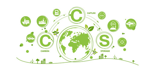 CCS concept, Carbon Capture Storage with icons to drive industry and company to the direction of reduce carbon emissions on green environmental  wheel background. Vector illustration and template.