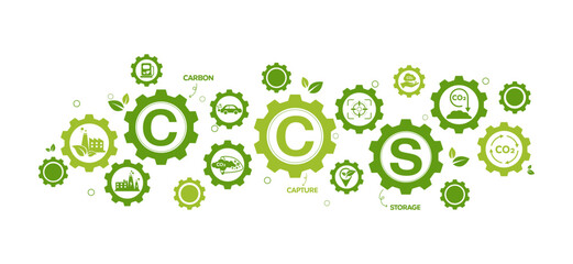 CCS concept, Carbon Capture Storage with icons to drive industry and company to the direction of reduce carbon emissions on green environmental  wheel background. Vector illustration and template.