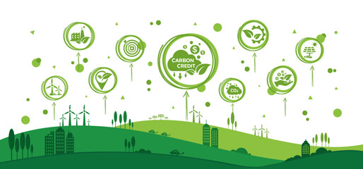 The concept of carbon credit with icons. Tradable certificate to drive industry and company to the direction of low emissions and carbon offset solution. Green vector illustration template. 