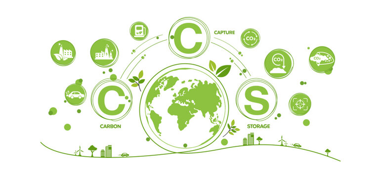 CCS Concept, Carbon Capture Storage With Icons To Drive Industry And Company To The Direction Of Reduce Carbon Emissions On Green Environmental  Wheel Background. Vector Illustration And Template.