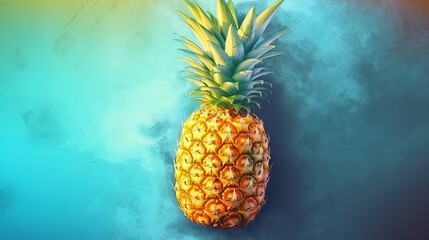 A pineapple painted on a vibrant blue background. Generative ai