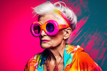 Naklejka na ściany i meble Happy elderly woman, grandmother in fancy sunglasses. The youth of her soul. Generative AI