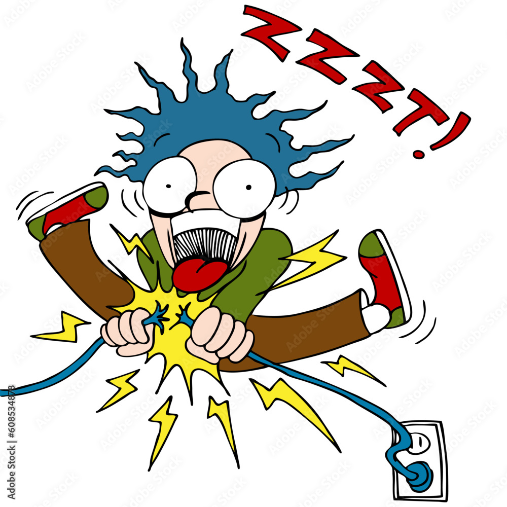 Poster an image of a man trying to fix an electrical wire and getting shocked.