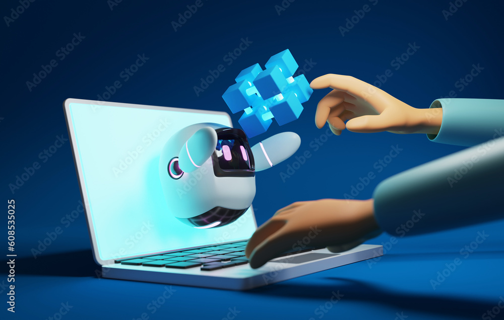 Poster index finger touches cute robot with blockchain technology hologram on blue background.