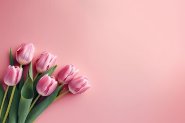 Flat Lay Style Top View of Pink Background with Spring Tulip Flowers - Perfect for Women's Day, Mother's Day, or Spring Sale Banners, Generative AI.