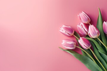 Flat Lay Style Top View of Pink Background with Spring Tulip Flowers - Perfect for Women's Day, Mother's Day, or Spring Sale Banners, Generative AI.