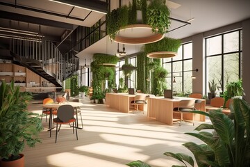 Interior of a Co-Working Office with Sustainable Green Design, Generative AI.
