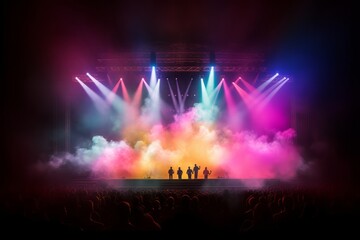 Fototapeta na wymiar Enchanting Theater Ambiance: Concert Stage Illuminated by Vibrant Spotlights and Smoke Effects, Generative AI.