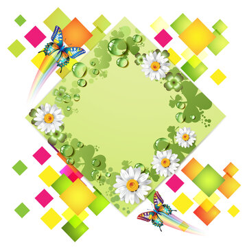 Abstract green background with butterflies and flowers
