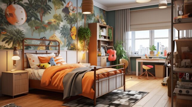 A stylish and cozy retro-inspired bedroom for kids. Generative AI