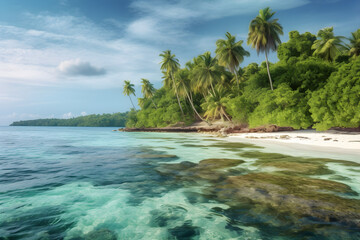 Fototapeta na wymiar Beautiful tropical island with palm trees and beach panoramic