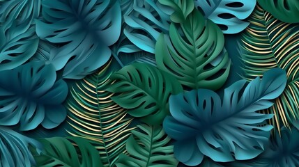 A lush tropical background with green and gold palm leaves. Generative ai